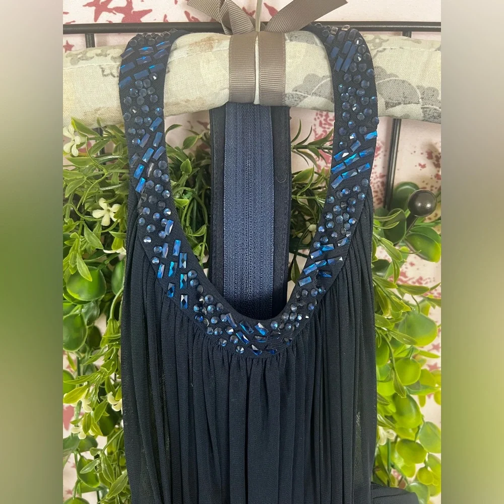 La Femme Navy Blue Maxi Dress with Subtle Sparkle Trim - Picture 2 of 8
